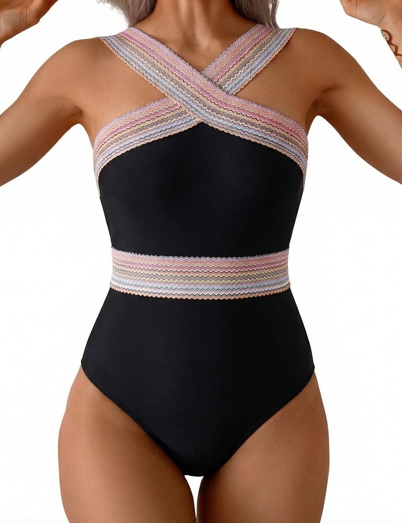 Hilor Modest Swimsuit for Curvy Women Flattering One Piece Bathing Suits Vintage Swimwear Pink Stripes XL/US14 - Image 1